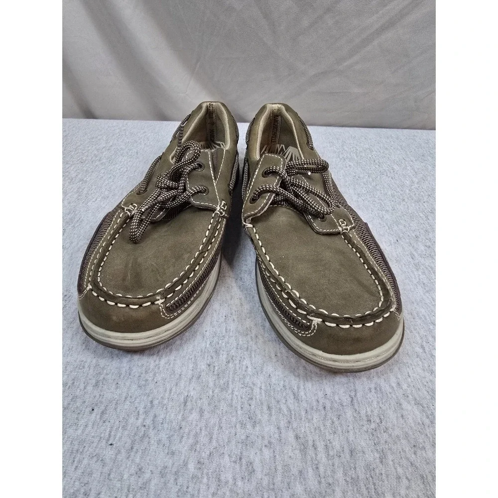 Margaritaville Mens Boat Shoes Size 8 Brown Leather Mesh Loafers Palm Tree Logo